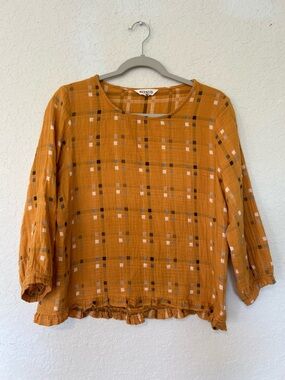 Buykud Cotton Linen Blend Mustard Plaid Blouse Boho Lightweight 3/4 Ruffle Hem
